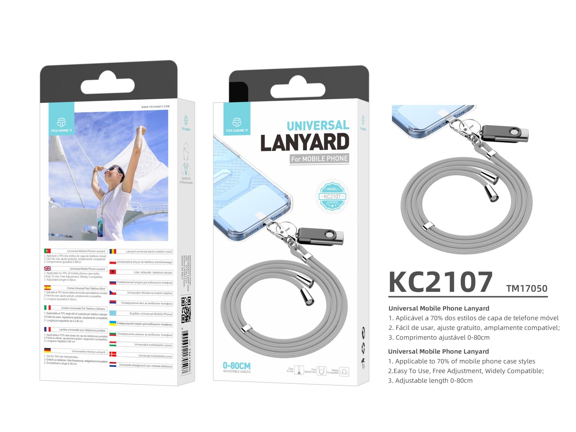Techancy Cordão Universal Para Telemóvel Cinzento KC2107, Comprimento Ajustável De 0-80 Cm, Utilizado Com A Capa Do Telemóvel-2