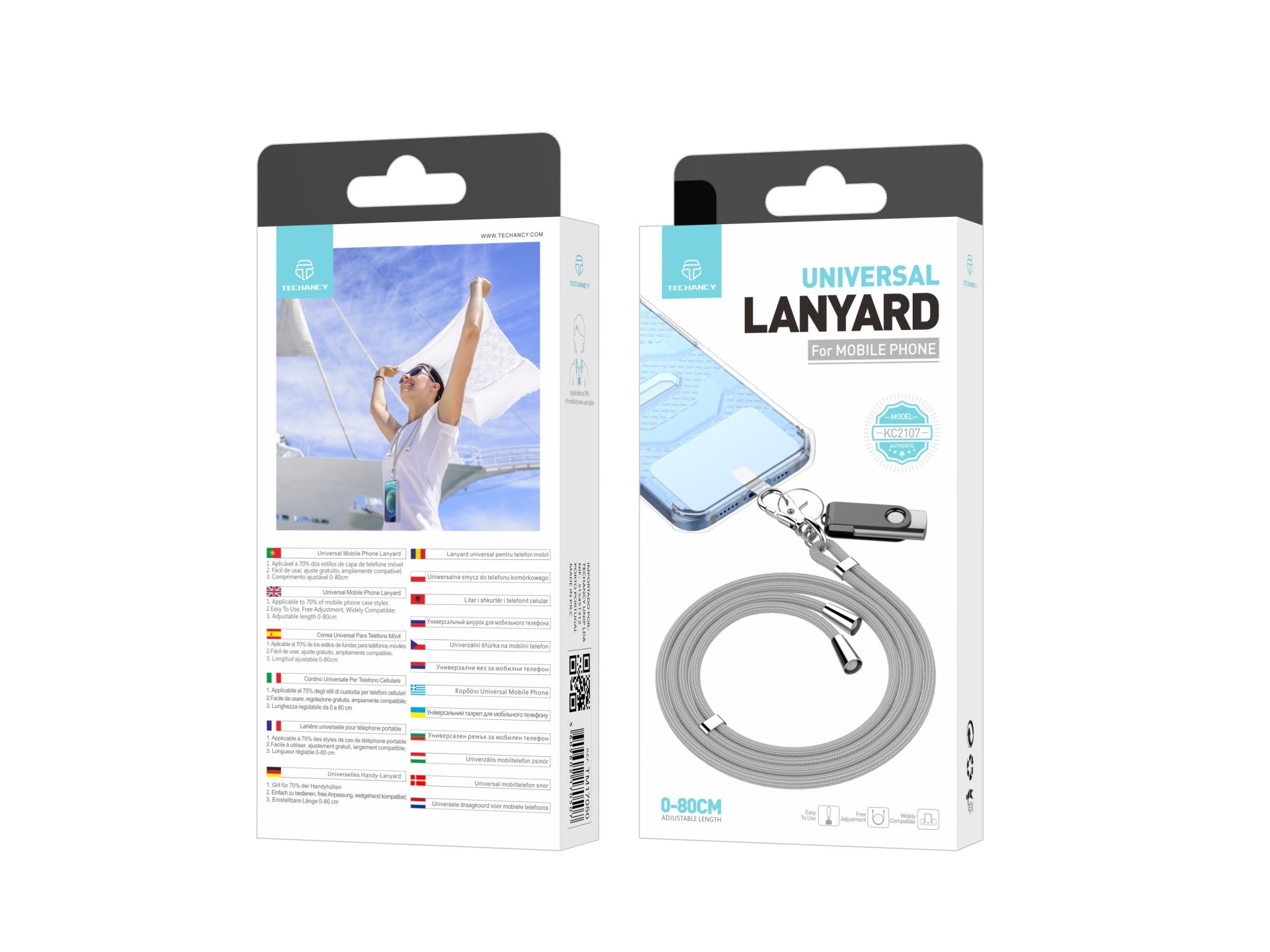 Techancy Cordão Universal Para Telemóvel Cinzento KC2107, Comprimento Ajustável De 0-80 Cm, Utilizado Com A Capa Do Telemóvel-1