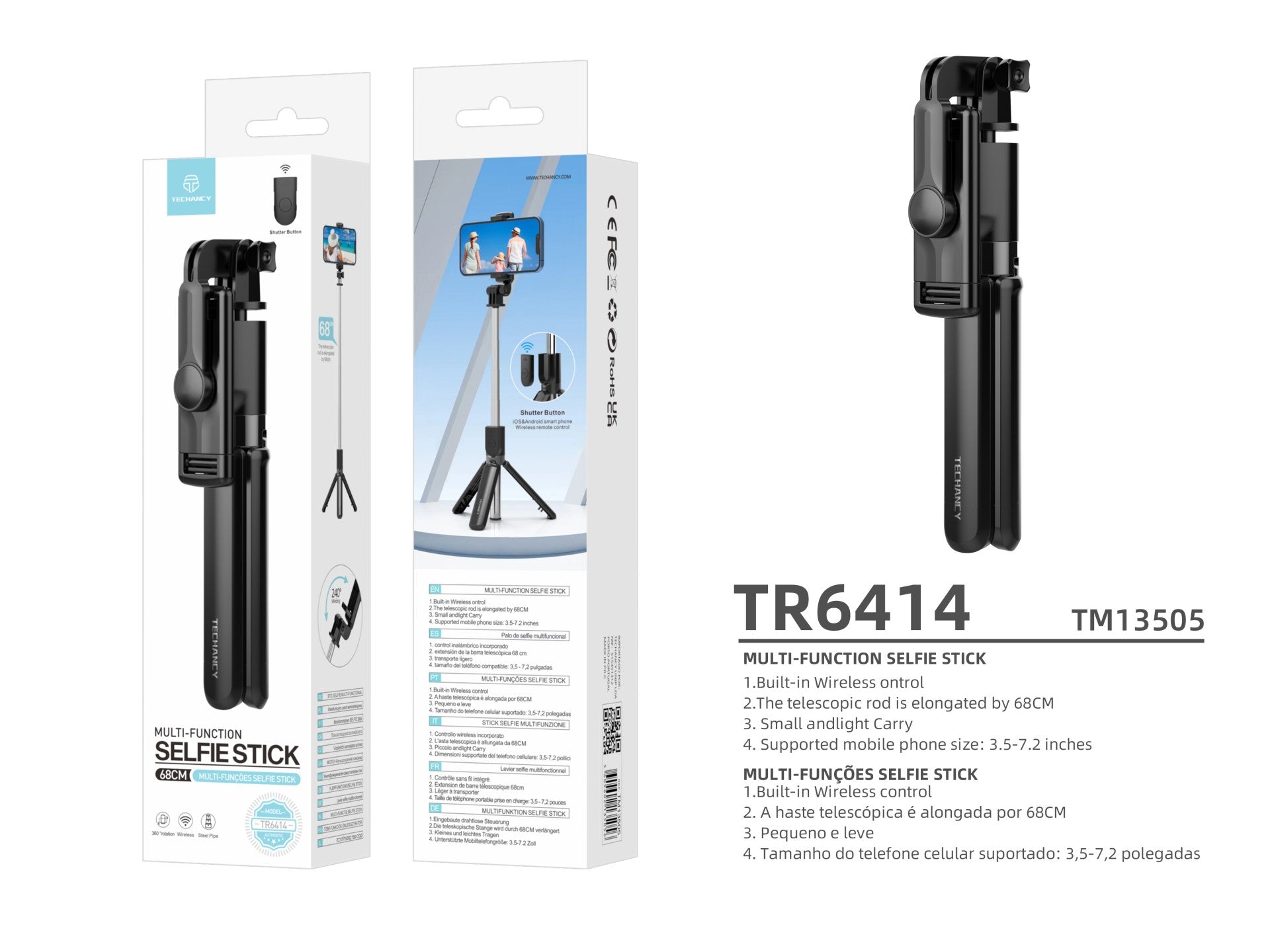 Techancy Bastão De Selfie Multifuncional TR6414, Controlo Sem Fios, 68cm Retrátil, Compacto E Fácil De Transportar,-2