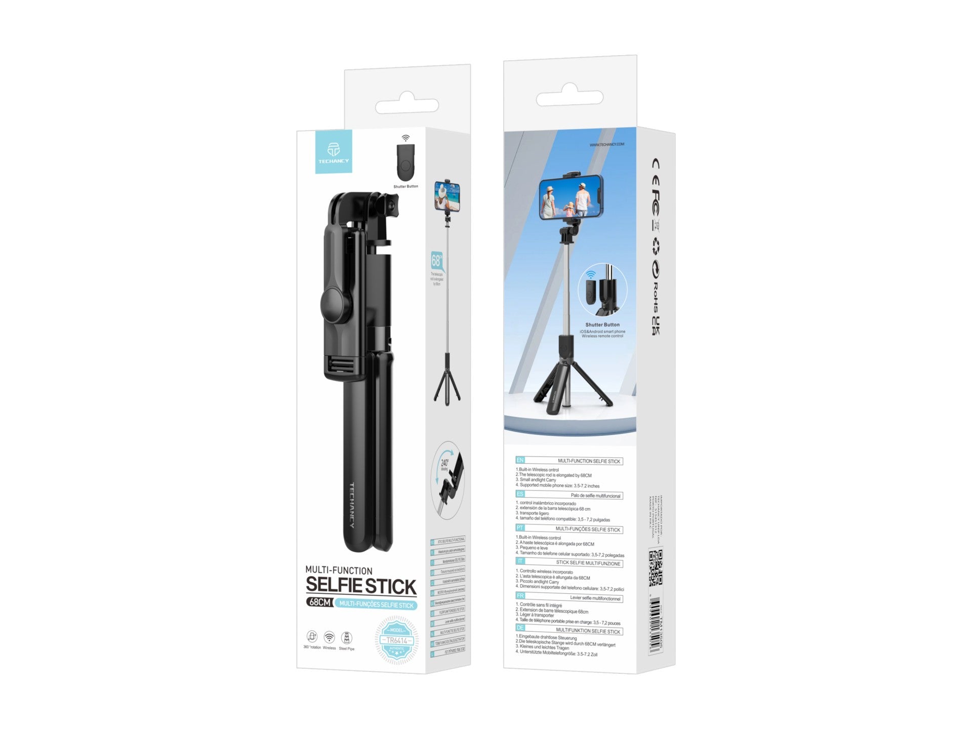 Techancy Bastão De Selfie Multifuncional TR6414, Controlo Sem Fios, 68cm Retrátil, Compacto E Fácil De Transportar,-1